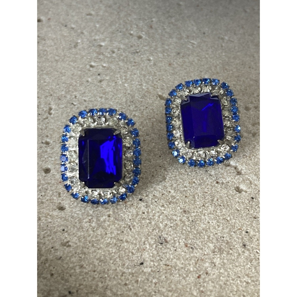 Cobalt Blue Rhinestone Stud Earrings Silver‎ Tone Clear Crystal Halo Sparkly